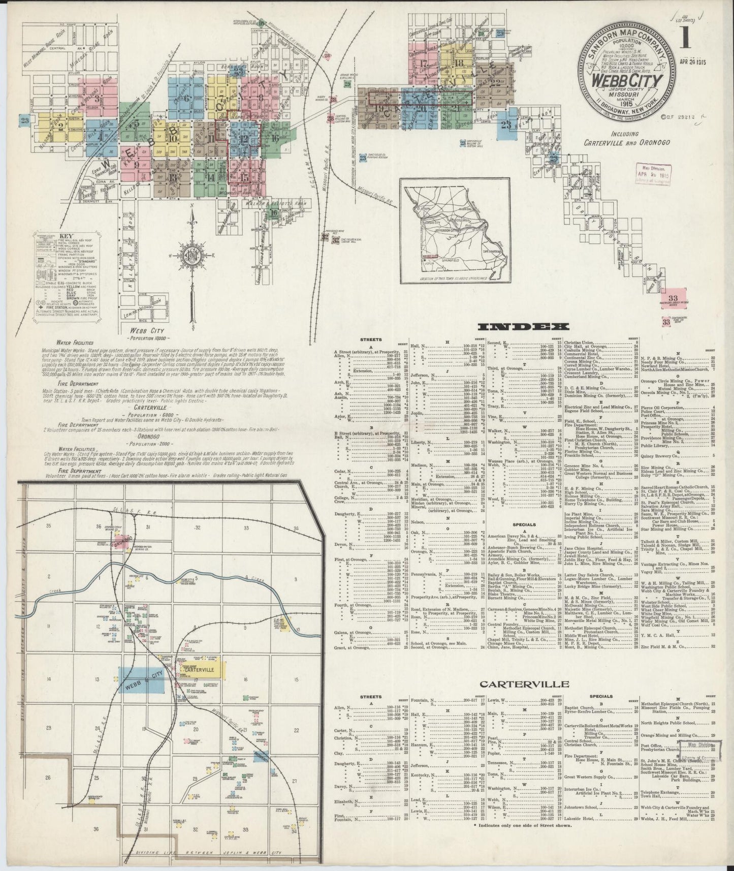 Sanborn Fire Insurance Map from Webb City, Jasper County, Missouri (1915), Sheet #0001 - Complete Map Set gallery image, historic Sanborn map, vintage wall art, Missouri Missouri