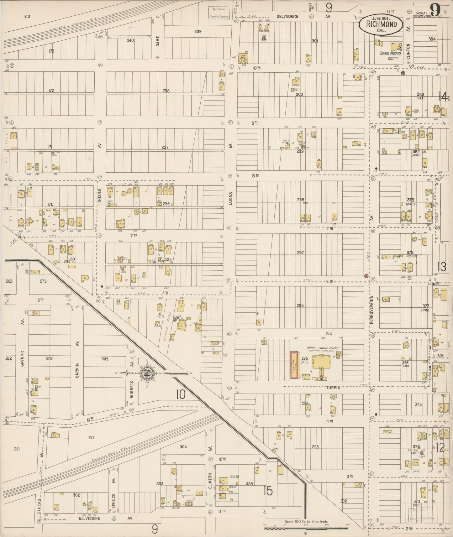 Sanborn Fire Insurance Map from Richmond, Contra Costa County, California (1916), Sheet #0009 - Complete Map Set gallery image, historic Sanborn map, vintage wall art, California California