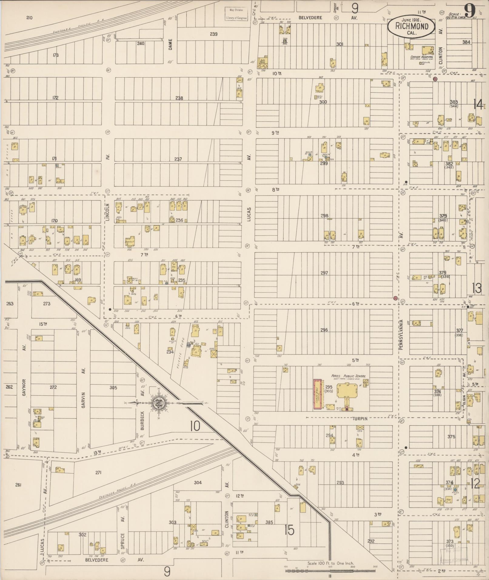 Sanborn Fire Insurance Map from Richmond, Contra Costa County, California (1916), Sheet #0009 - Complete Map Set gallery image, historic Sanborn map, vintage wall art, California California
