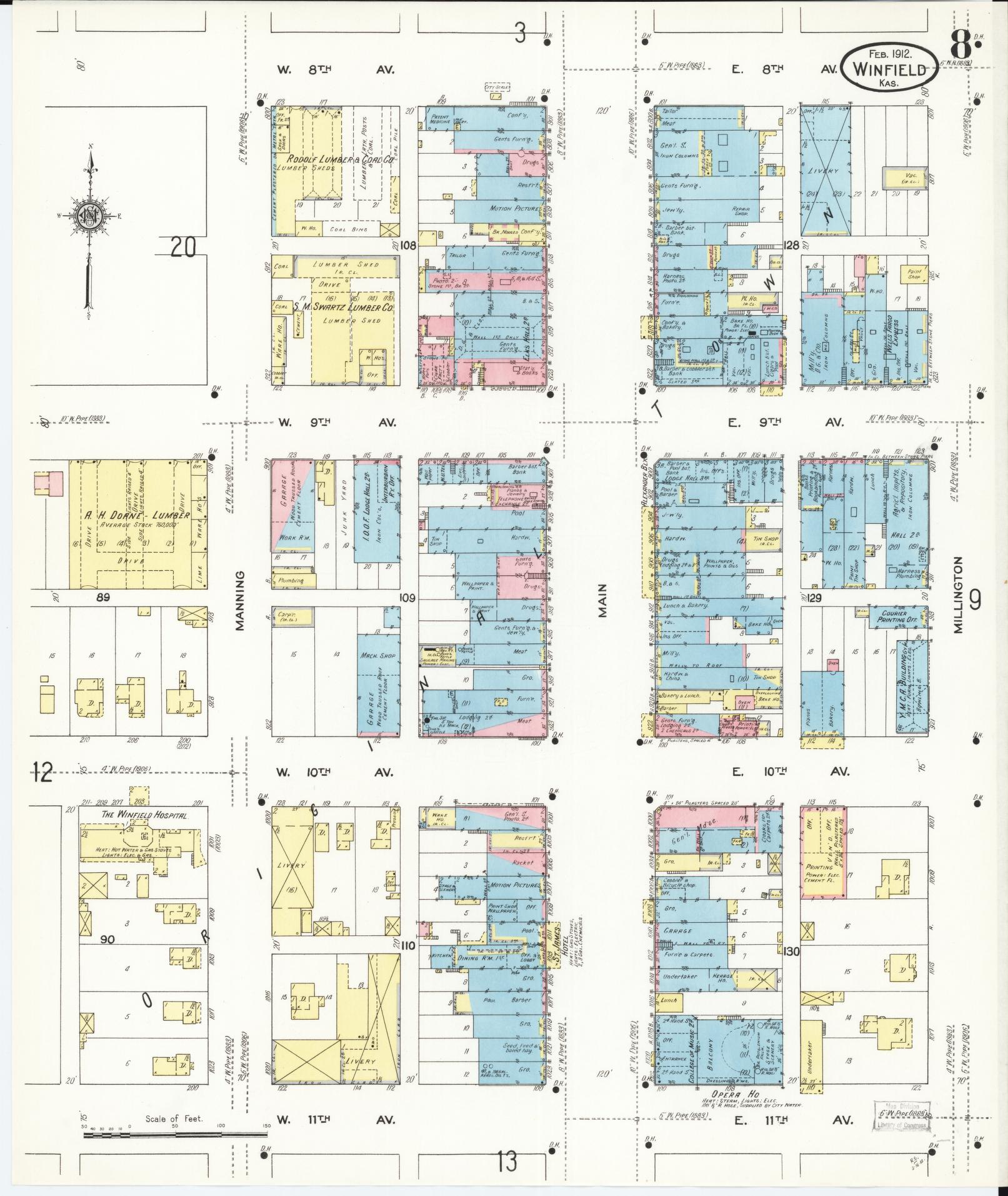 Sanborn Fire Insurance Map from Winfield, Cowley County, Kansas (1912), Sheet #0008 - Historic Sanborn Fire Insurance Map Print, vintage old map wall art, antique decor, genealogy gift, Kansas Kansas map