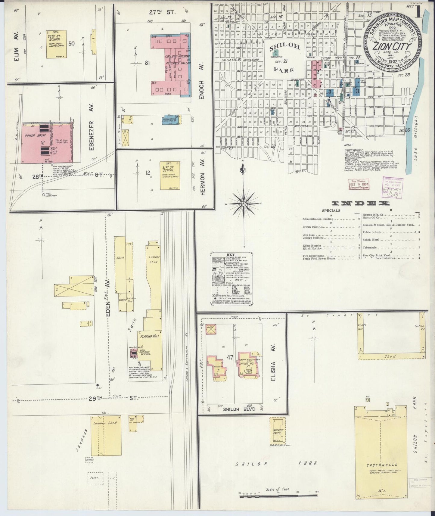 Sanborn Fire Insurance Map from Zion, Lake County, Illinois (1907), Sheet #0001 - Complete Map Set gallery image, historic Sanborn map, vintage wall art, Illinois Illinois