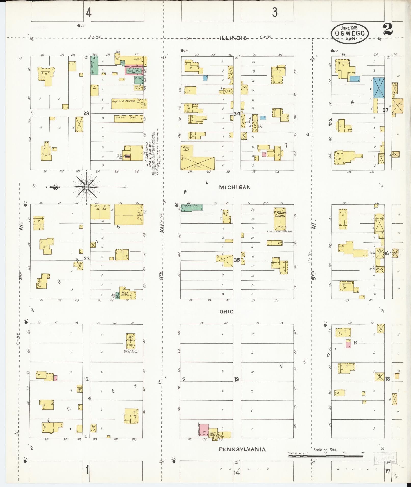 Sanborn Fire Insurance Map from Oswego, Labette County, Kansas (1905), Sheet #0002 - Complete Map Set gallery image, historic Sanborn map, vintage wall art, Kansas Kansas