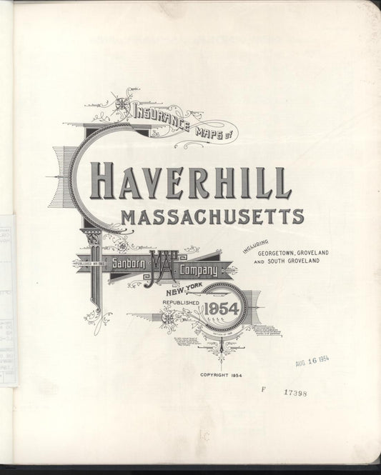 Sanborn Fire Insurance Map from Haverhill, Essex County, Massachusetts (1954), Sheet #0001 - Historic Sanborn Fire Insurance Map Print, vintage old map wall art, antique decor, genealogy gift, Massachusetts Massachusetts map