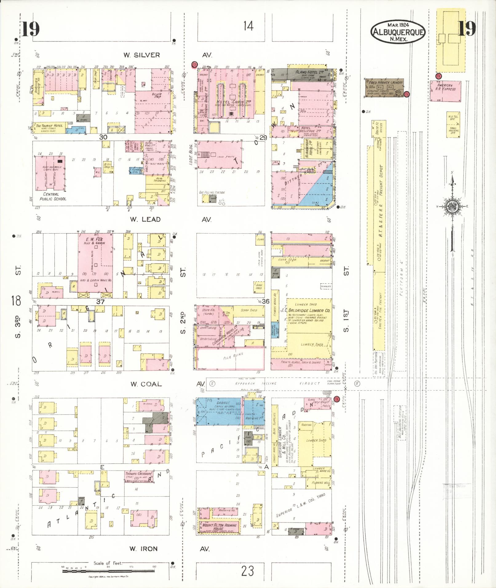 Sanborn Fire Insurance Map from Albuquerque, Bernalillo County, New Mexico (1924), Sheet #0019 - Historic Sanborn Fire Insurance Map Print, vintage old map wall art, antique decor, genealogy gift, New Mexico New Mexico map
