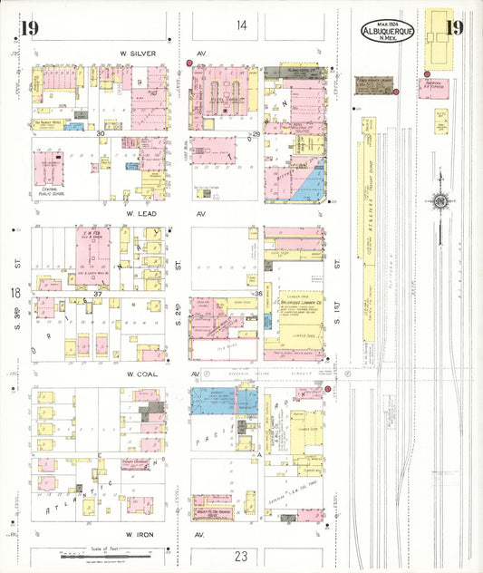 Sanborn Fire Insurance Map from Albuquerque, Bernalillo County, New Mexico (1924), Sheet #0019 - Historic Sanborn Fire Insurance Map Print, vintage old map wall art, antique decor, genealogy gift, New Mexico New Mexico map