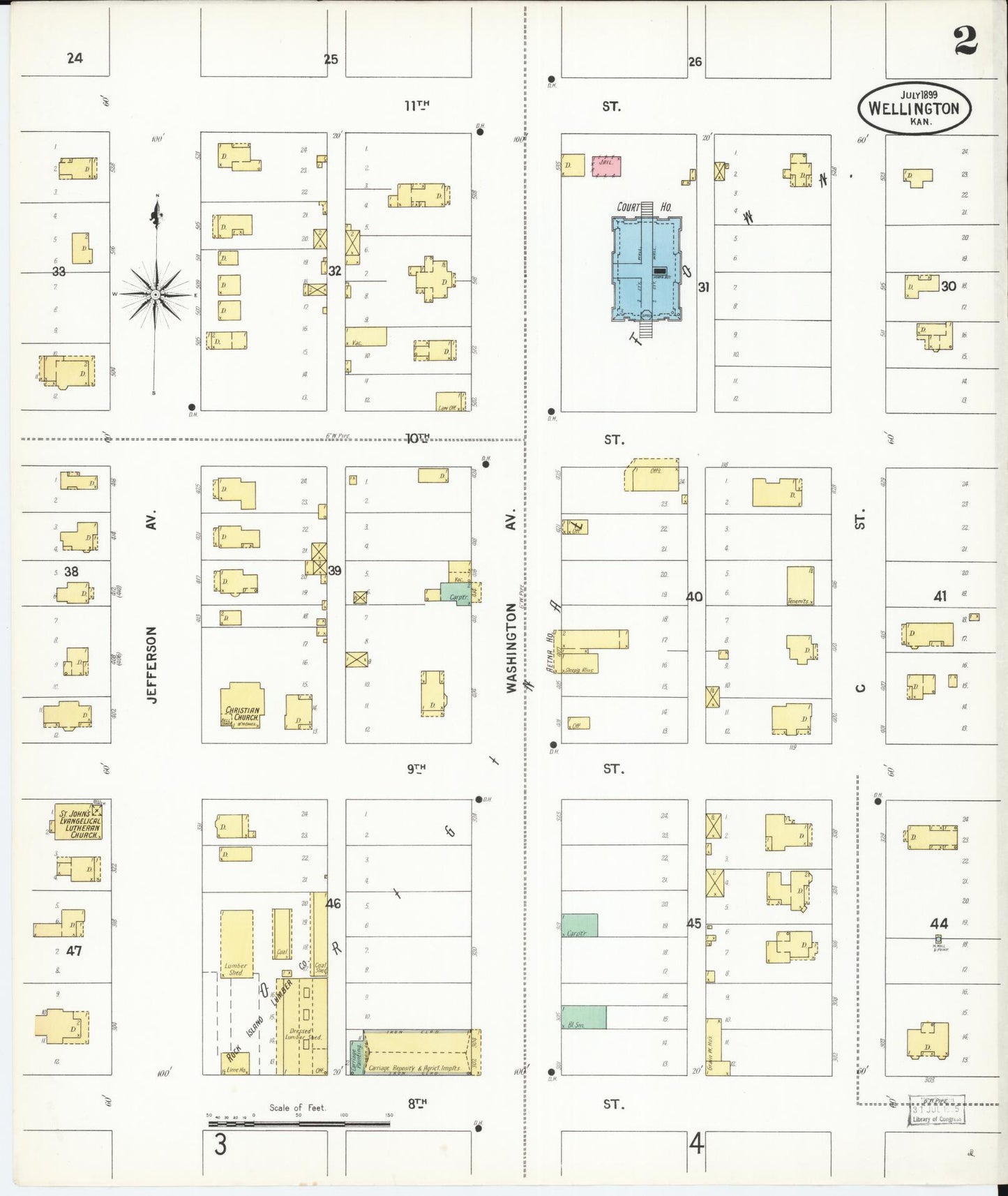 Sanborn Fire Insurance Map from Wellington, Sumner County, Kansas (1899), Sheet #0002 - Historic Sanborn Fire Insurance Map Print, vintage old map wall art, antique decor, genealogy gift, Kansas Kansas map