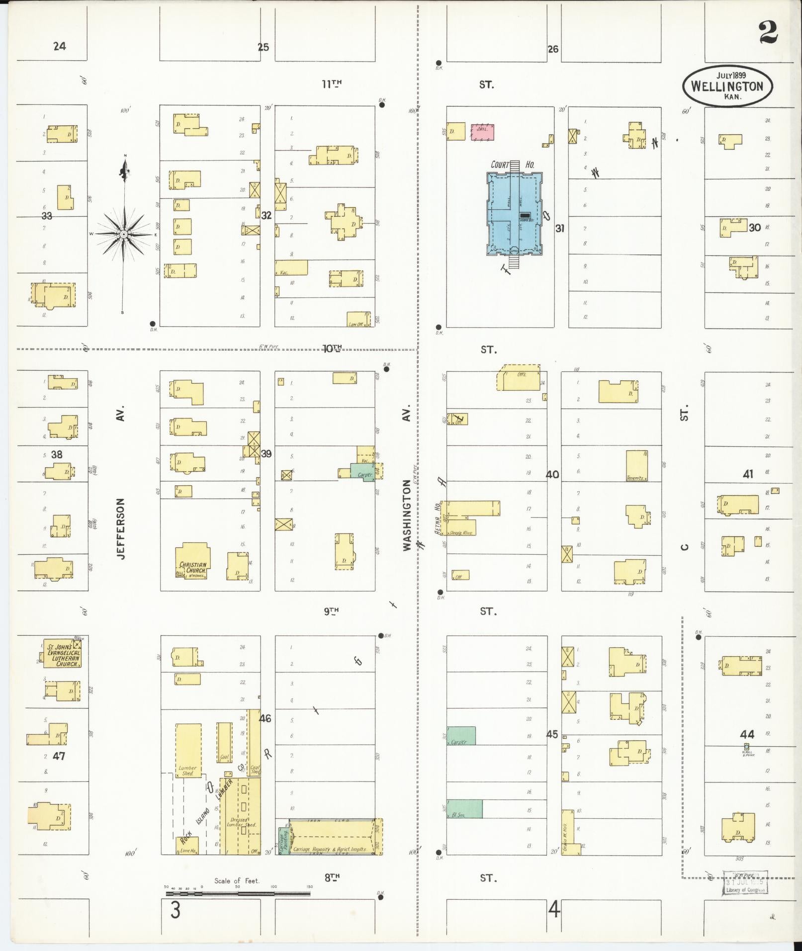 Sanborn Fire Insurance Map from Wellington, Sumner County, Kansas (1899), Sheet #0002 - Historic Sanborn Fire Insurance Map Print, vintage old map wall art, antique decor, genealogy gift, Kansas Kansas map