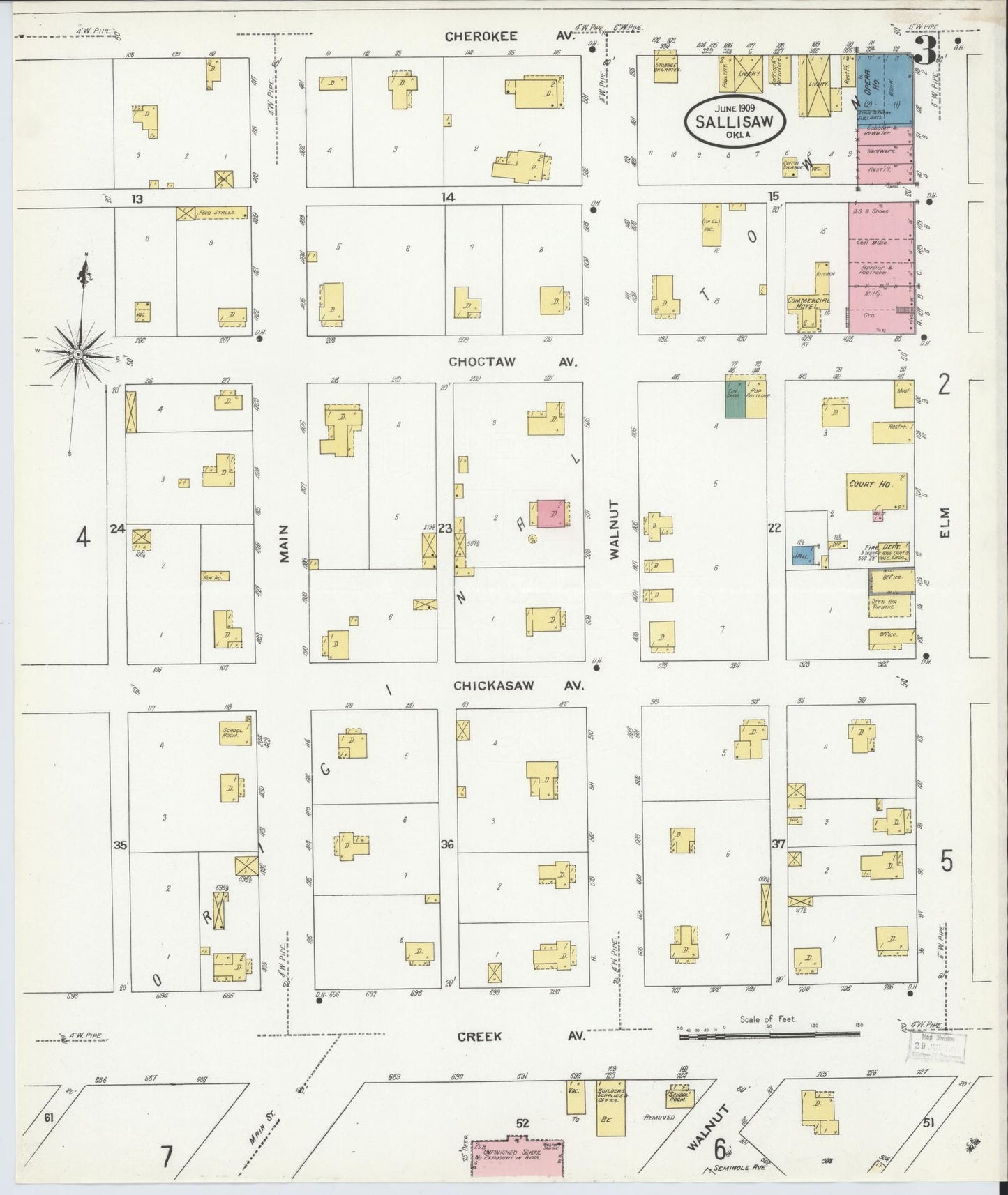 Sanborn Fire Insurance Map from Sallisaw, Sequoyah County, Oklahoma (1909), Sheet #0003 - Complete Map Set gallery image, historic Sanborn map, vintage wall art, Oklahoma Oklahoma