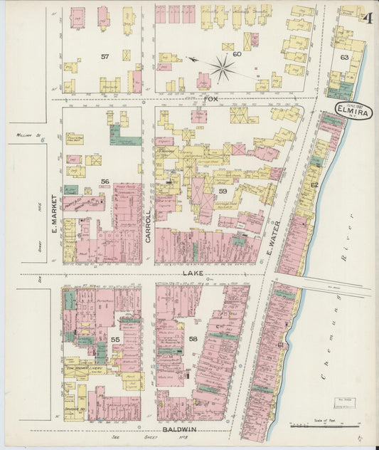 Sanborn Fire Insurance Map from Elmira, Chemung County, New York (1887), Sheet #0004 - Historic Sanborn Fire Insurance Map Print, vintage old map wall art, antique decor, genealogy gift, New York New York map