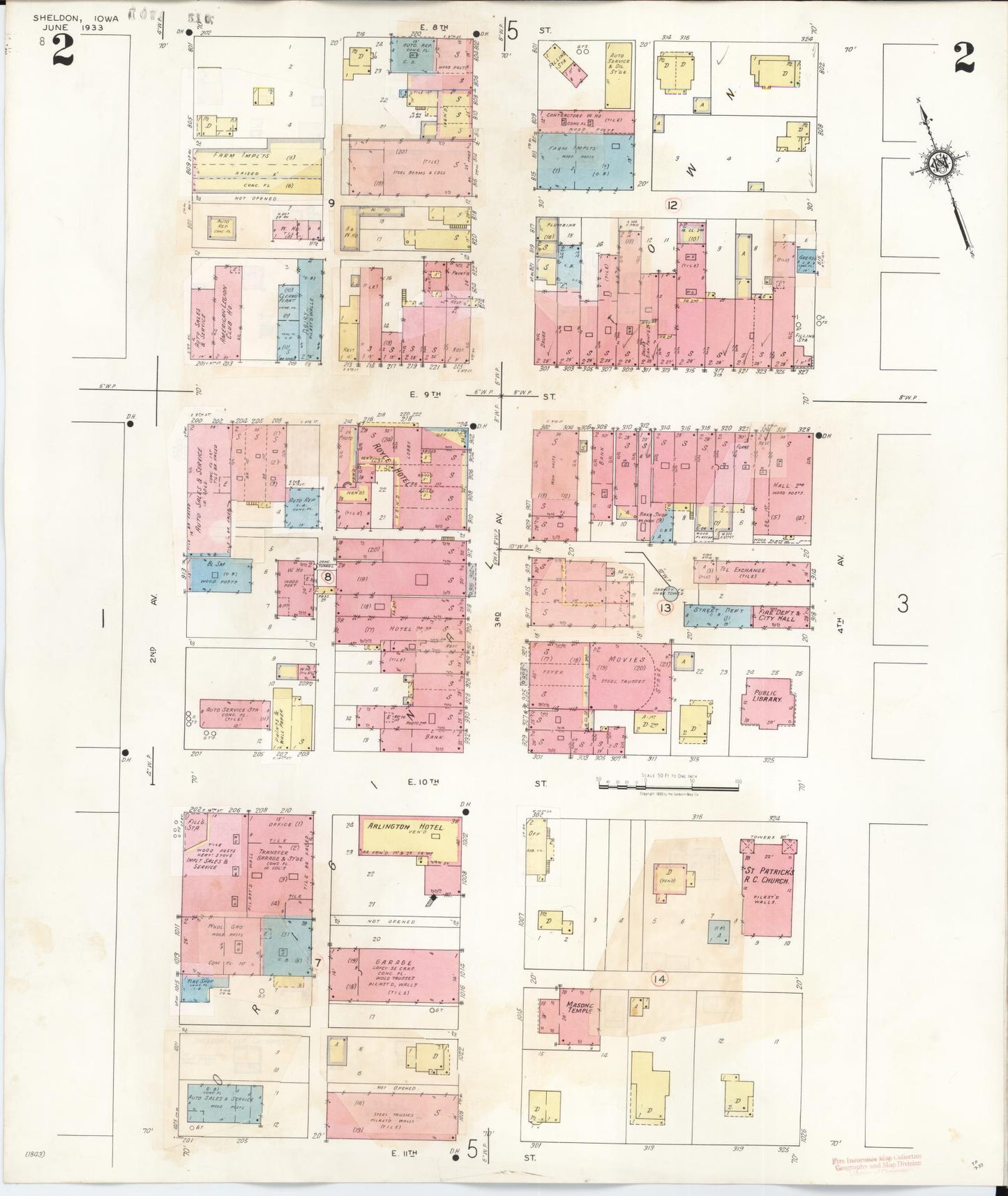 Sanborn Fire Insurance Map from Sheldon, O'Brien County, Iowa (1948), Sheet #0002 - Historic Sanborn Fire Insurance Map Print, vintage old map wall art