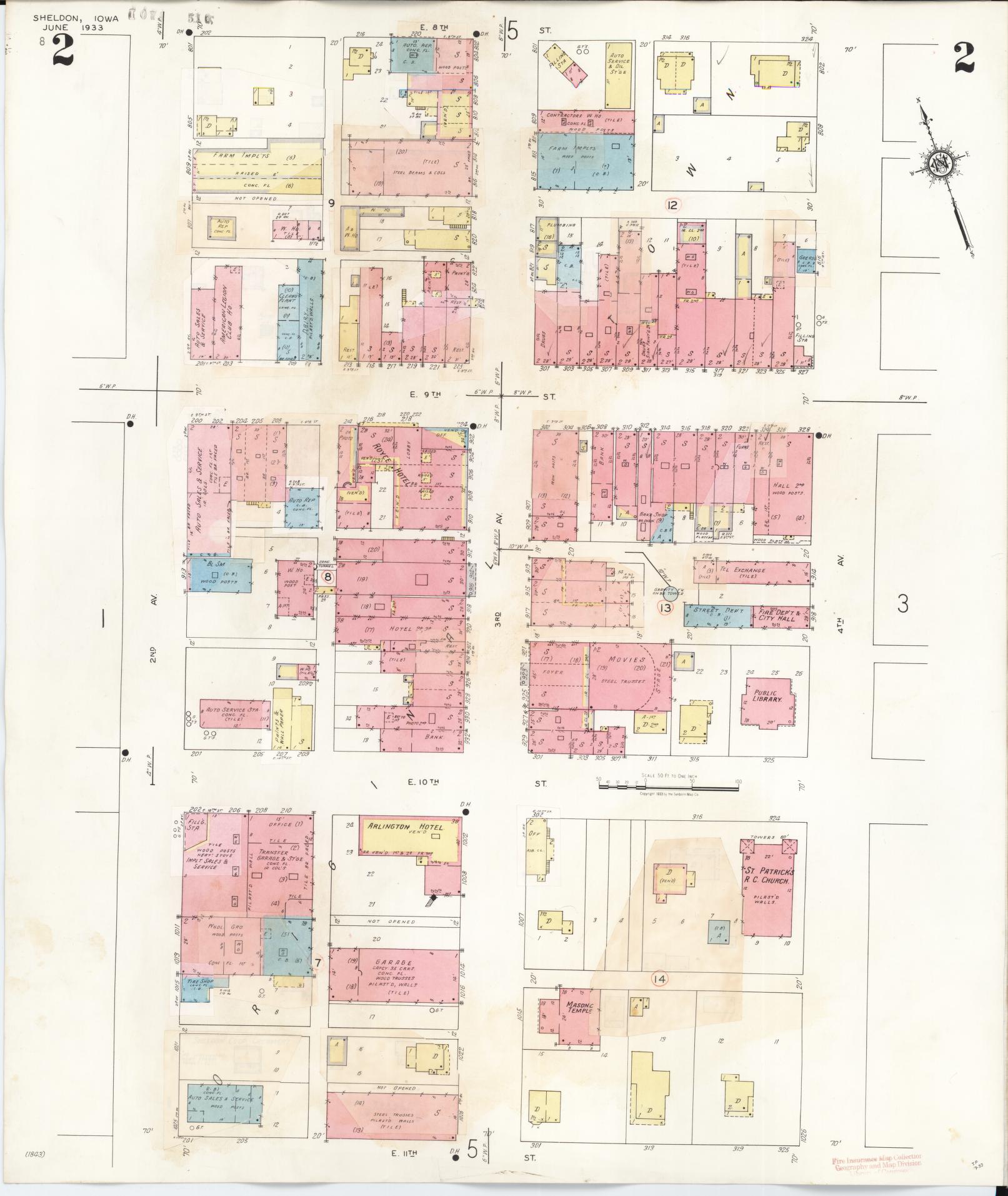 Sanborn Fire Insurance Map from Sheldon, O'Brien County, Iowa (1948), Sheet #0002 - Historic Sanborn Fire Insurance Map Print, vintage old map wall art