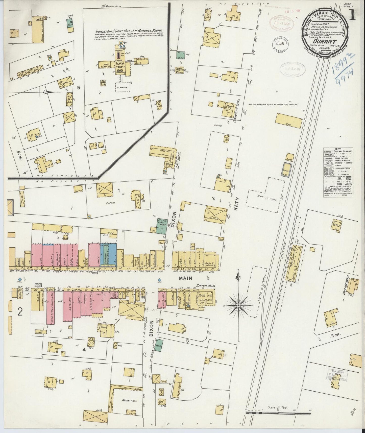Sanborn Fire Insurance Map from Durant, Bryan County, Oklahoma (1899), Sheet #0001 - Complete Map Set gallery image, historic Sanborn map, vintage wall art, Oklahoma Oklahoma