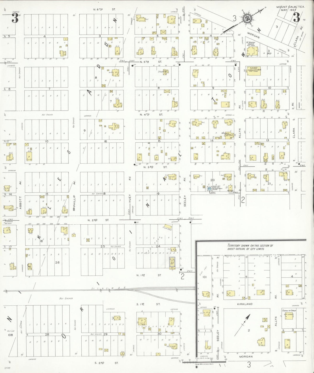 Sanborn Fire Insurance Map from Mount Calm, Hill County, Texas (1937), Sheet #0003 - Complete Map Set gallery image, historic Sanborn map, vintage wall art, Texas Texas