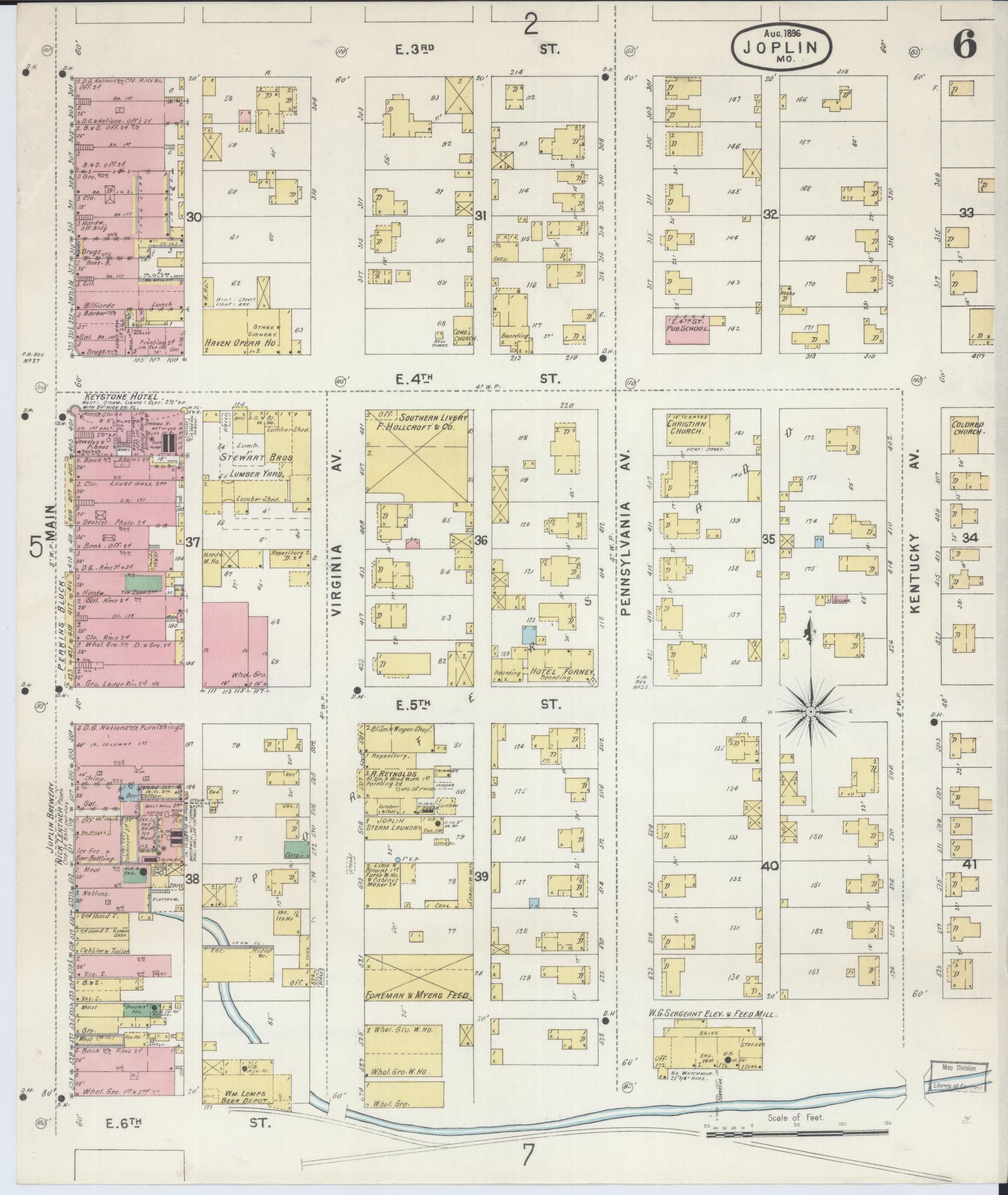 Sanborn Fire Insurance Map from Joplin, Jasper County, Missouri (1896), Sheet #0006 - Complete Map Set gallery image, historic Sanborn map, vintage wall art, Missouri Missouri