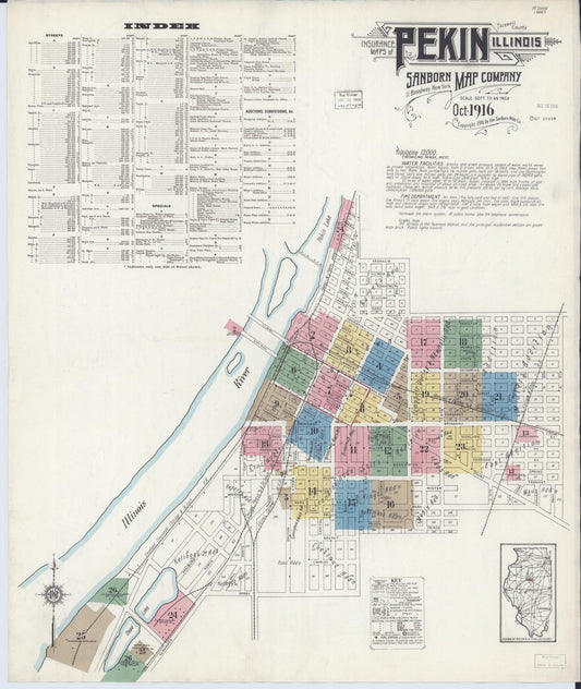 Sanborn Fire Insurance Map from Pekin, Tazewell County, Illinois (1916), Sheet #0001 - Historic Sanborn Fire Insurance Map Print, vintage old map wall art, antique decor, genealogy gift, Illinois Illinois map