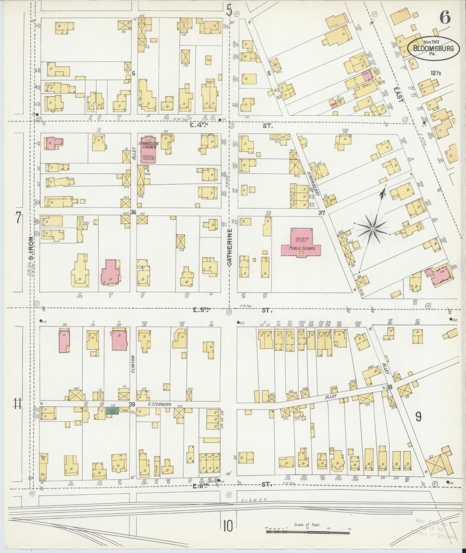 Sanborn Fire Insurance Map from Bloomsburg, Columbia County, Pennsylvania (1901), Sheet #0006 - Historic Sanborn Fire Insurance Map Print, vintage old map wall art, antique decor, genealogy gift, Pennsylvania Pennsylvania map