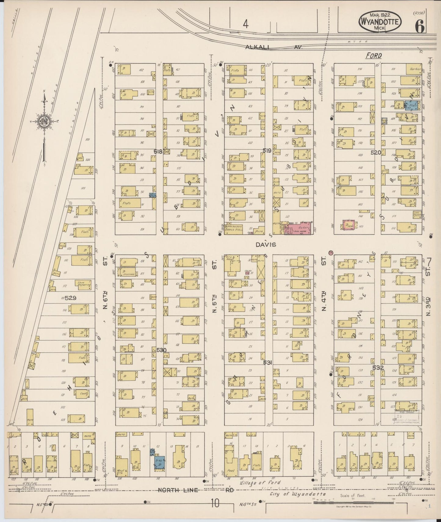 Sanborn Fire Insurance Map from Wyandotte, Wayne County, Michigan (1922), Sheet #0006 - Historic Sanborn Fire Insurance Map Print, vintage old map wall art, antique decor, genealogy gift, Michigan Michigan map