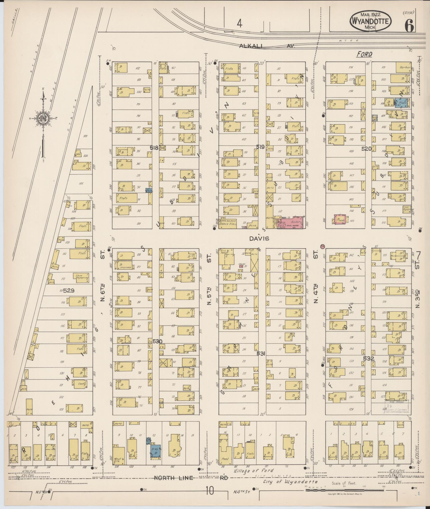 Sanborn Fire Insurance Map from Wyandotte, Wayne County, Michigan (1922), Sheet #0006 - Historic Sanborn Fire Insurance Map Print, vintage old map wall art, antique decor, genealogy gift, Michigan Michigan map