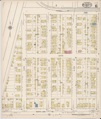 Sanborn Fire Insurance Map from Wyandotte, Wayne County, Michigan (1922), Sheet #0006 - Historic Sanborn Fire Insurance Map Print, vintage old map wall art, antique decor, genealogy gift, Michigan Michigan map