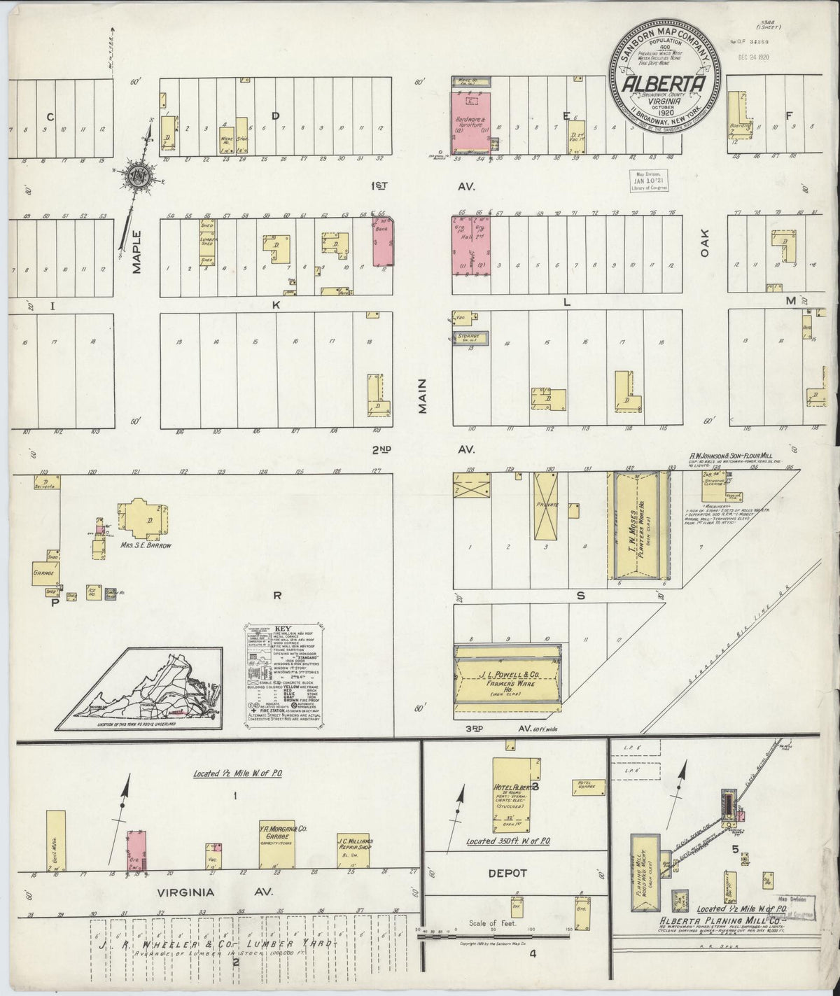 Sanborn Fire Insurance Map from Alberta, Brunswick County, Virginia (1920), Sheet #0001 - Historic Sanborn Fire Insurance Map Print, vintage old map wall art, antique decor, genealogy gift, Virginia Virginia map