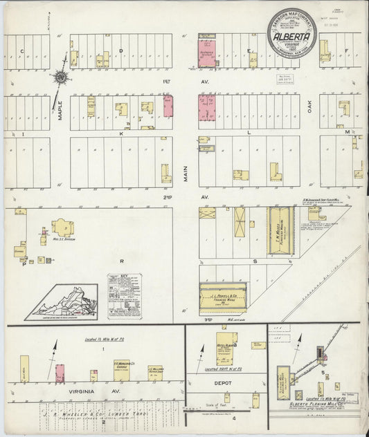 Sanborn Fire Insurance Map from Alberta, Brunswick County, Virginia (1920), Sheet #0001 - Historic Sanborn Fire Insurance Map Print, vintage old map wall art, antique decor, genealogy gift, Virginia Virginia map