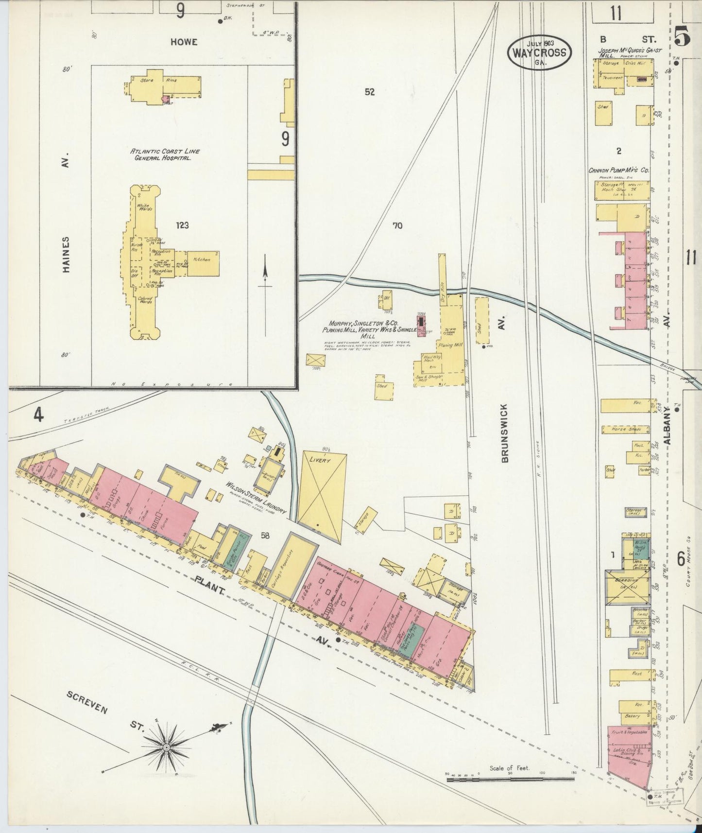 Sanborn Fire Insurance Map from Waycross, Ware County, Georgia (1903), Sheet #0005 - Complete Map Set gallery image, historic Sanborn map, vintage wall art, Georgia Georgia