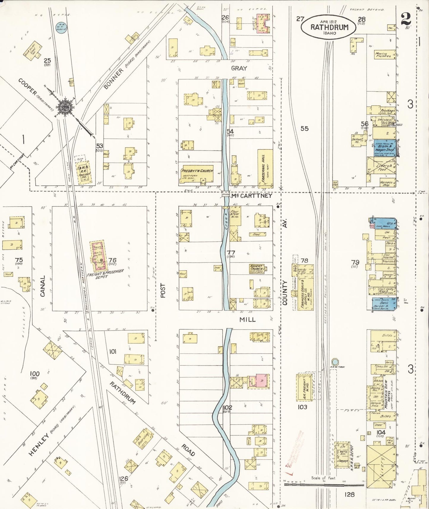 Sanborn Fire Insurance Map from Rathdrum, Kootenai County, Idaho (1912), Sheet #0002 - Complete Map Set gallery image, historic Sanborn map, vintage wall art, Idaho Idaho