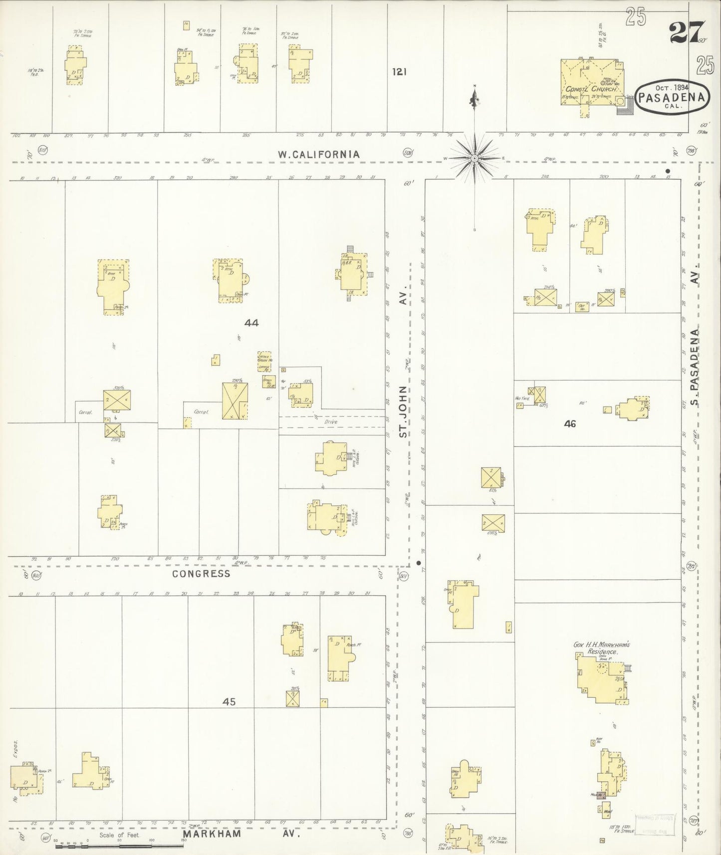Sanborn Fire Insurance Map from Pasadena, Los Angeles County, California (1894), Sheet #0027 - Complete Map Set gallery image, historic Sanborn map, vintage wall art, California California