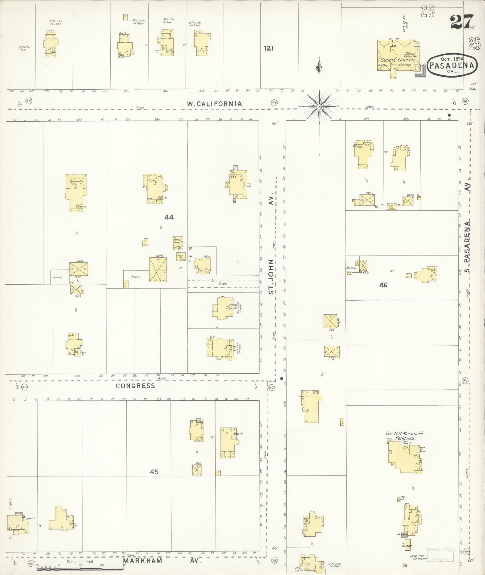 Sanborn Fire Insurance Map from Pasadena, Los Angeles County, California (1894), Sheet #0027 - Complete Map Set gallery image, historic Sanborn map, vintage wall art, California California
