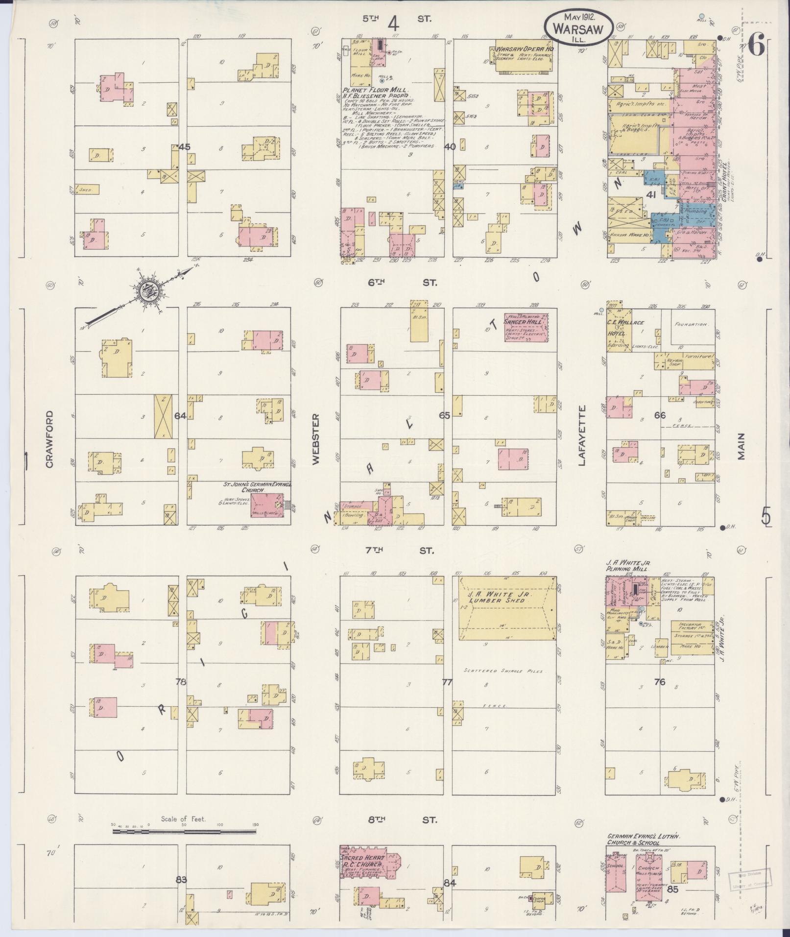 Sanborn Fire Insurance Map from Warsaw, Hancock County, Illinois (1912), Sheet #0006 - Historic Sanborn Fire Insurance Map Print, vintage old map wall art, antique decor, genealogy gift, Illinois Illinois map