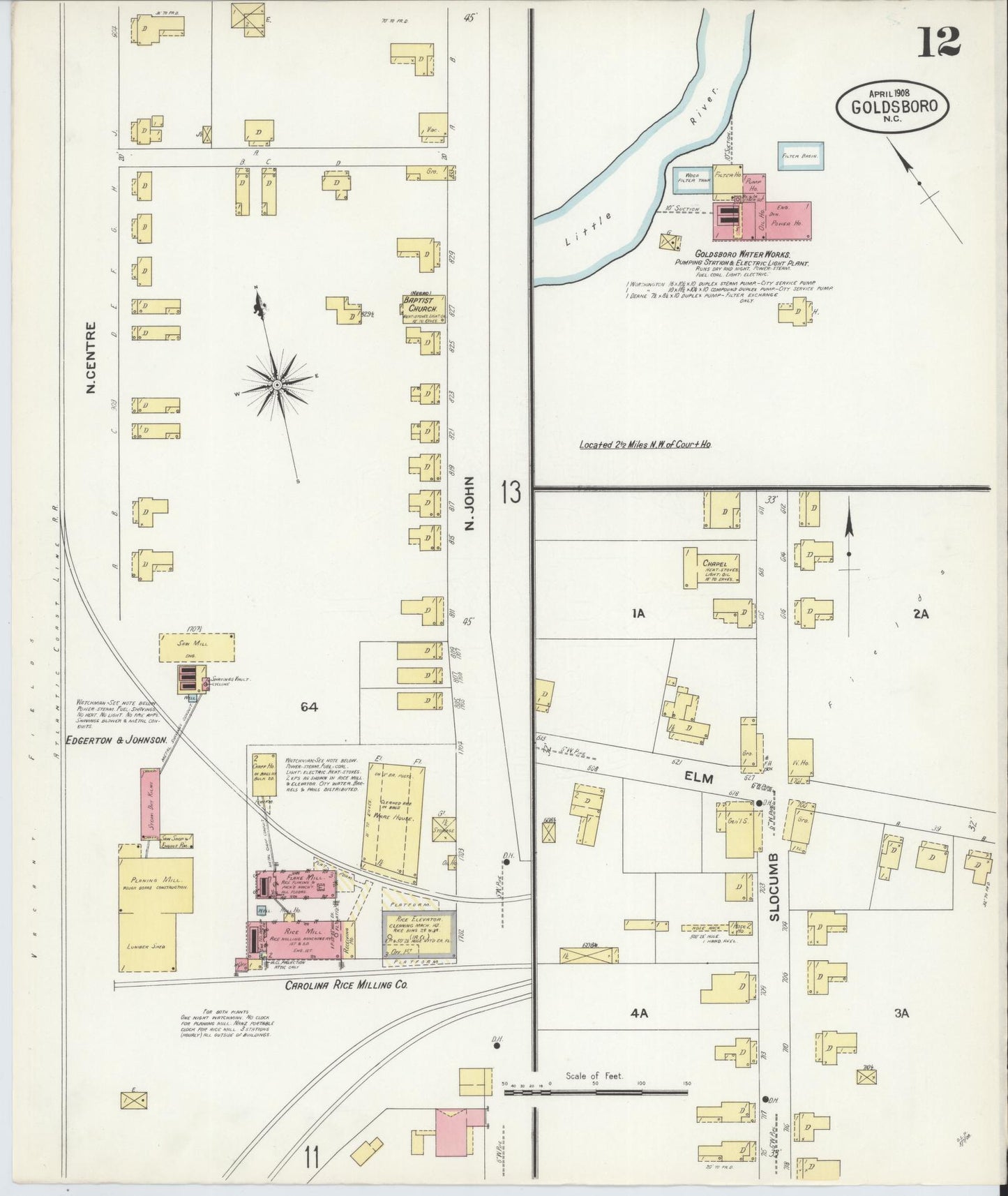 Sanborn Fire Insurance Map from Goldsboro, Wayne County, North Carolina (1908), Sheet #0012 - Complete Map Set gallery image, historic Sanborn map, vintage wall art, North Carolina North Carolina