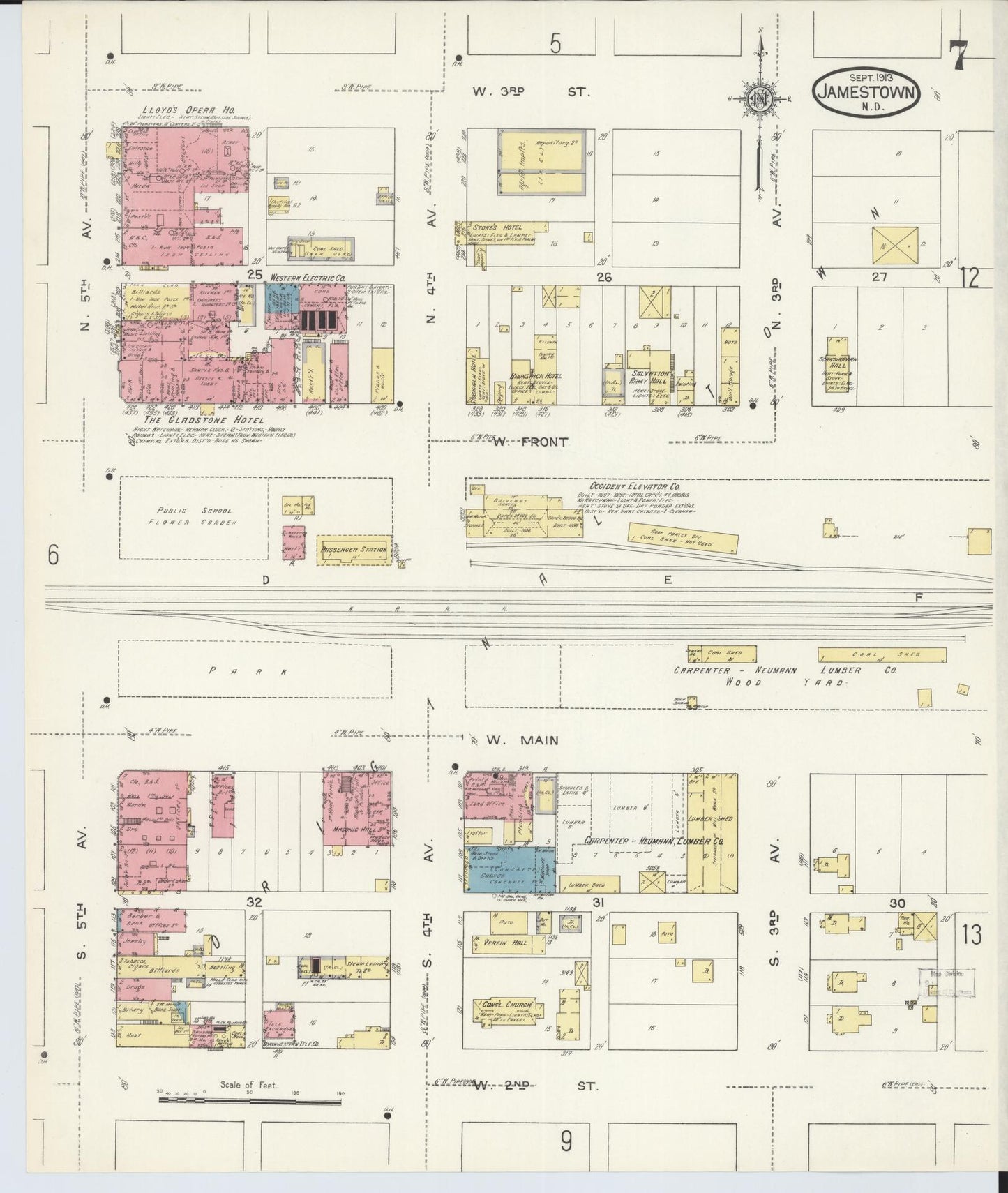 Sanborn Fire Insurance Map from Jamestown, Stutsman County, North Dakota (1913), Sheet #0007 - Historic Sanborn Fire Insurance Map Print, vintage old map wall art, antique decor, genealogy gift, North Dakota North Dakota map