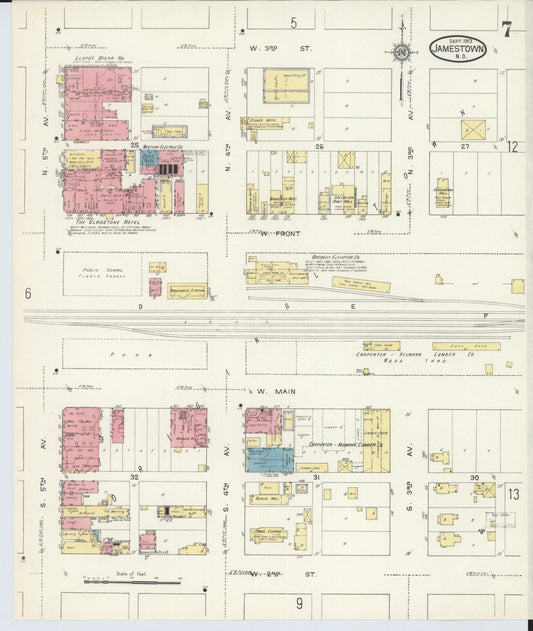 Sanborn Fire Insurance Map from Jamestown, Stutsman County, North Dakota (1913), Sheet #0007 - Historic Sanborn Fire Insurance Map Print, vintage old map wall art, antique decor, genealogy gift, North Dakota North Dakota map