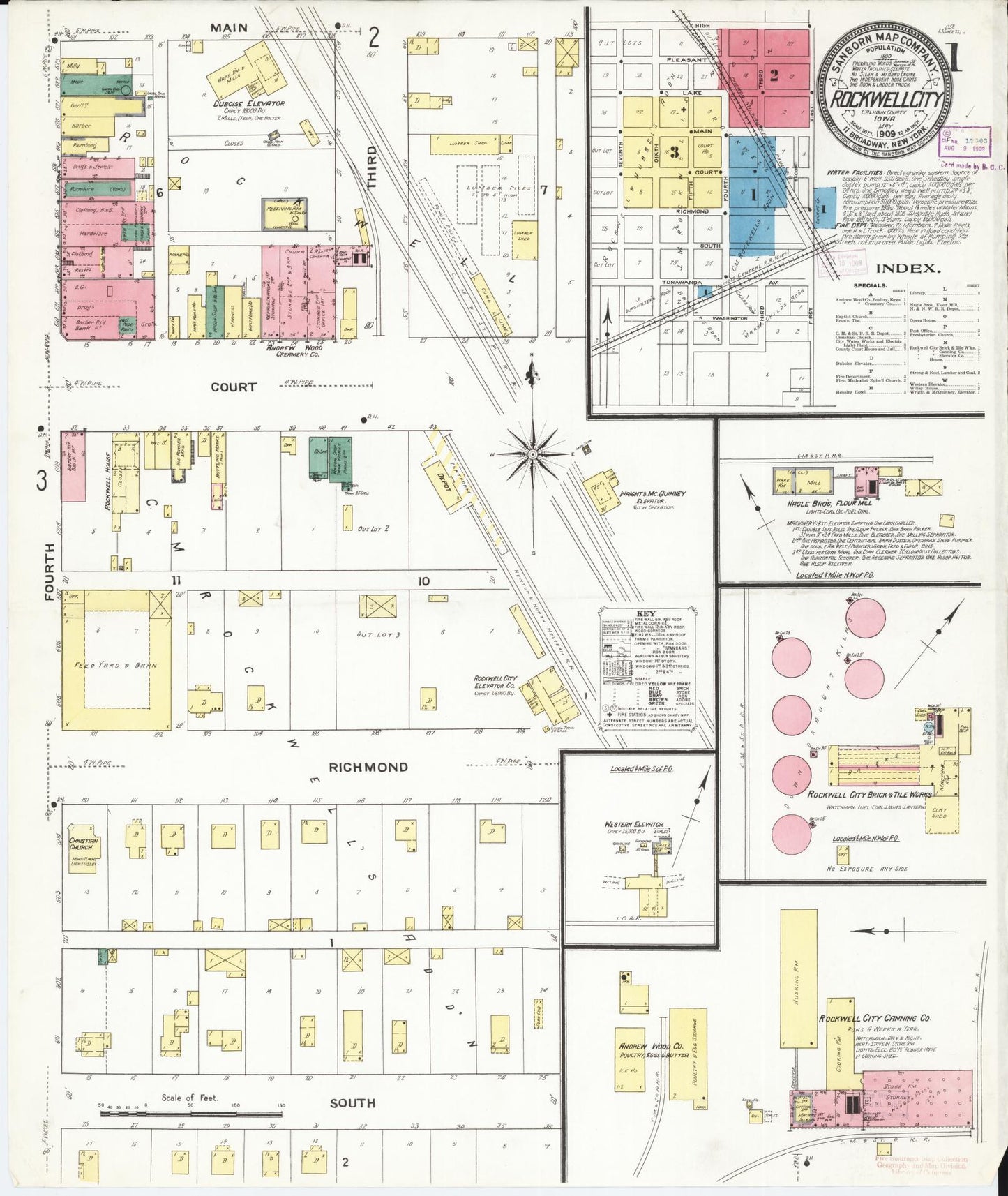 Sanborn Fire Insurance Map from Rockwell City, Calhoun County, Iowa (1909), Sheet #0001 - Historic Sanborn Fire Insurance Map Print, vintage old map wall art