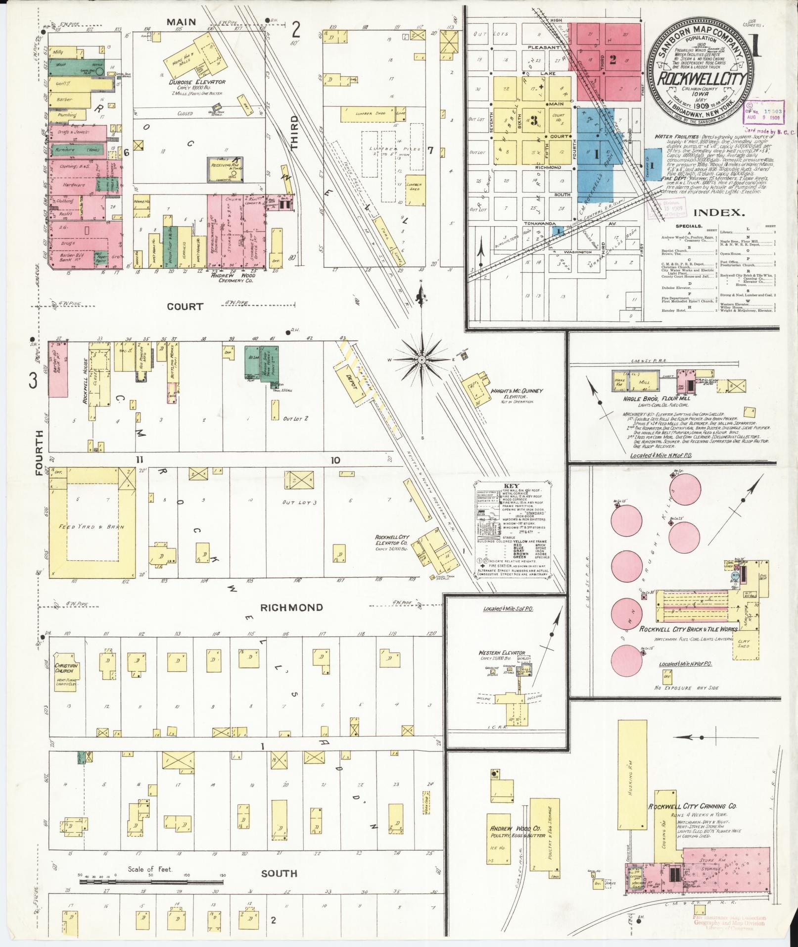 Sanborn Fire Insurance Map from Rockwell City, Calhoun County, Iowa (1909), Sheet #0001 - Historic Sanborn Fire Insurance Map Print, vintage old map wall art