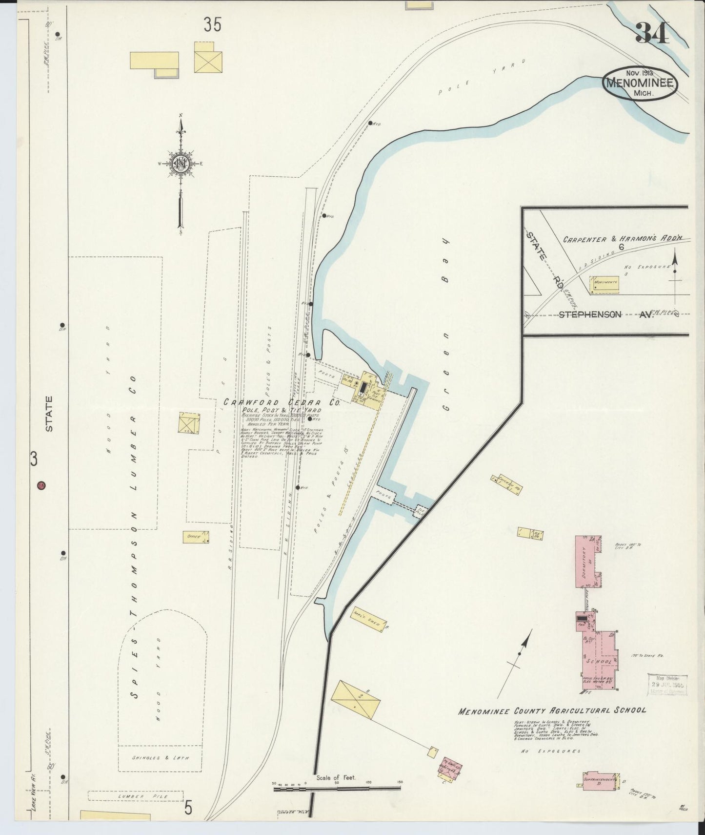 Sanborn Fire Insurance Map from Menominee, Menominee County, Michigan (1913), Sheet #0034 - Complete Map Set gallery image, historic Sanborn map, vintage wall art, Michigan Michigan