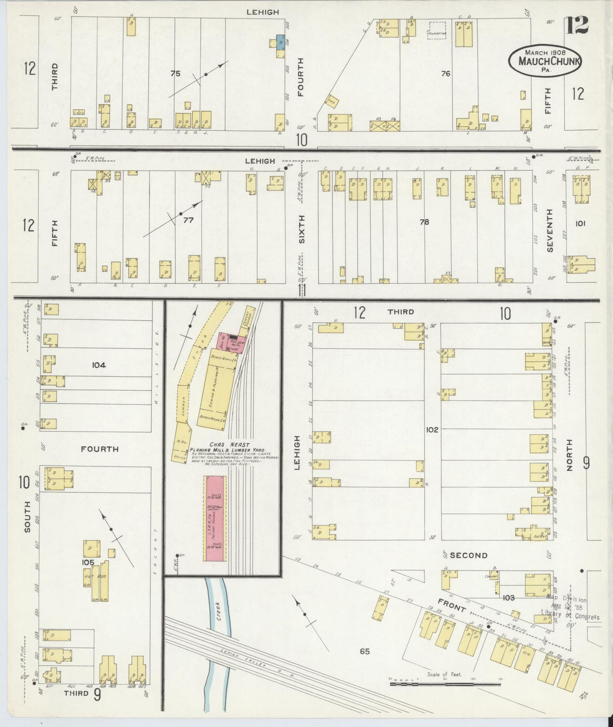 Sanborn Fire Insurance Map from Mauch Chunk, Carbon County, Pennsylvania (1908), Sheet #0012 - Historic Sanborn Fire Insurance Map Print, vintage old map wall art, antique decor, genealogy gift, Pennsylvania Pennsylvania map