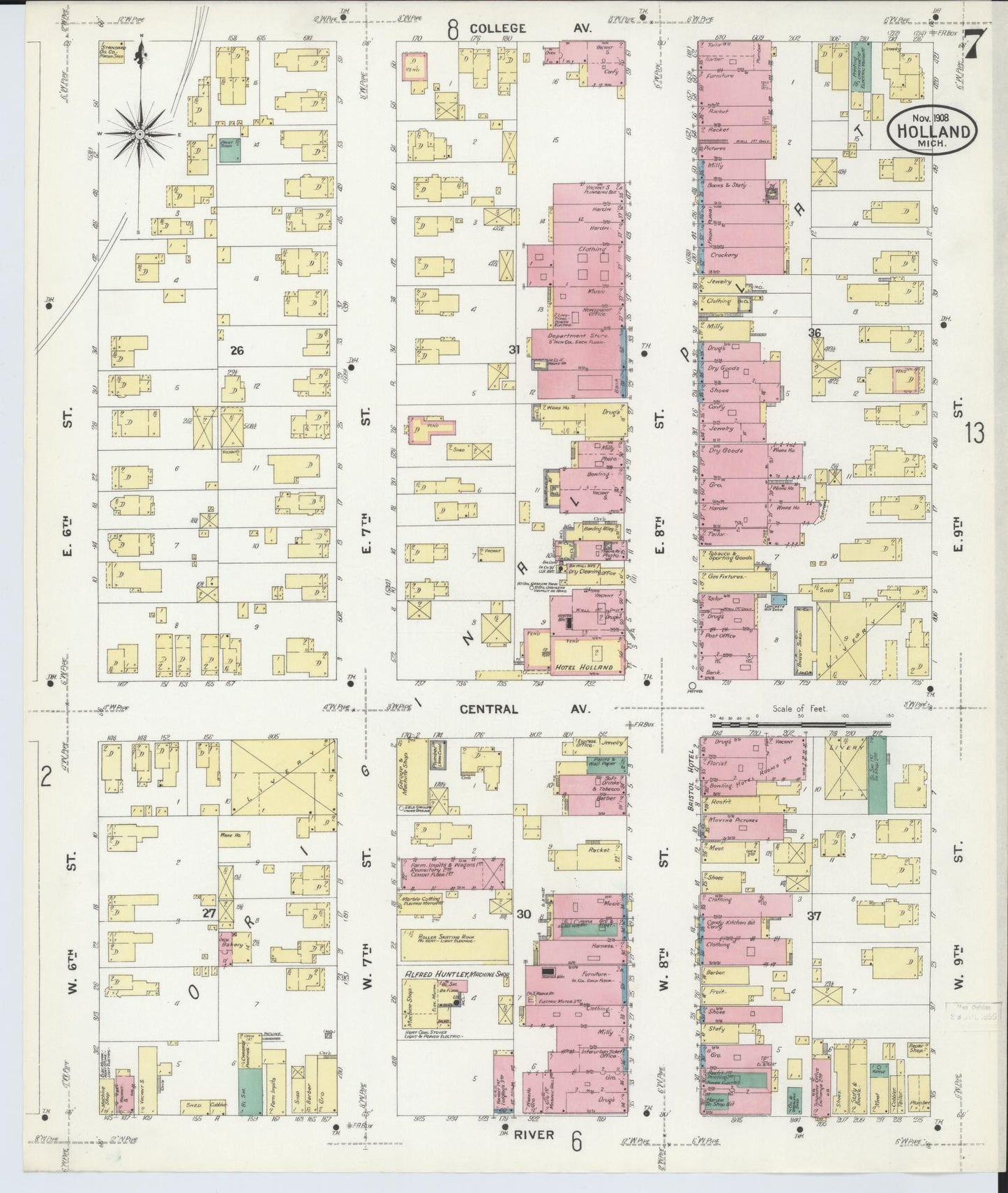 Sanborn Fire Insurance Map from Holland, Ottawa County, Michigan (1908), Sheet #0007 - Historic Sanborn Fire Insurance Map Print, vintage old map wall art, antique decor, genealogy gift, Michigan Michigan map