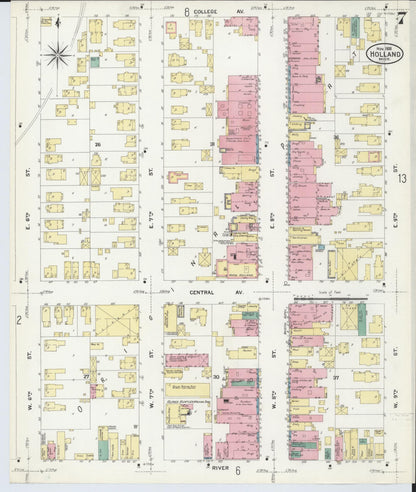 Sanborn Fire Insurance Map from Holland, Ottawa County, Michigan (1908), Sheet #0007 - Historic Sanborn Fire Insurance Map Print, vintage old map wall art, antique decor, genealogy gift, Michigan Michigan map