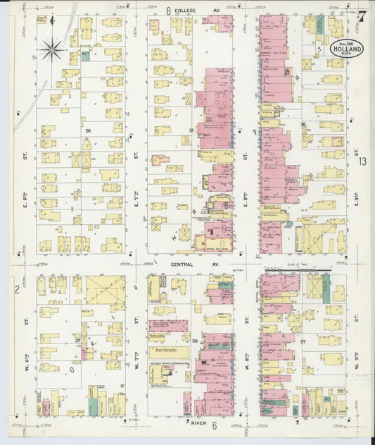 Sanborn Fire Insurance Map from Holland, Ottawa County, Michigan (1908), Sheet #0007 - Historic Sanborn Fire Insurance Map Print, vintage old map wall art, antique decor, genealogy gift, Michigan Michigan map