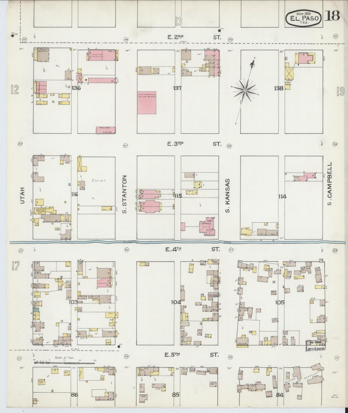 Sanborn Fire Insurance Map from El Paso, El Paso County, Texas (1893), Sheet #0018 - Historic Sanborn Fire Insurance Map Print, vintage old map wall art, antique decor, genealogy gift, Texas Texas map