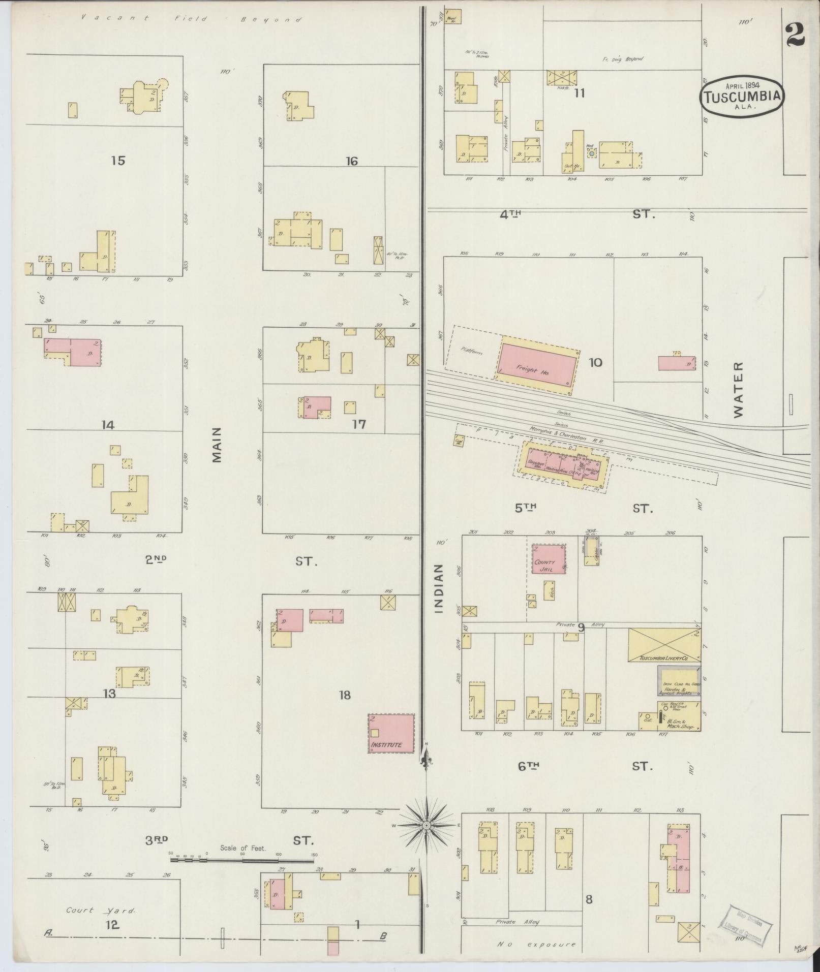 Sanborn Fire Insurance Map from Tuscumbia, Colbert County, Alabama (1894), Sheet #0002 - Complete Map Set gallery image, historic Sanborn map, vintage wall art, Alabama Alabama