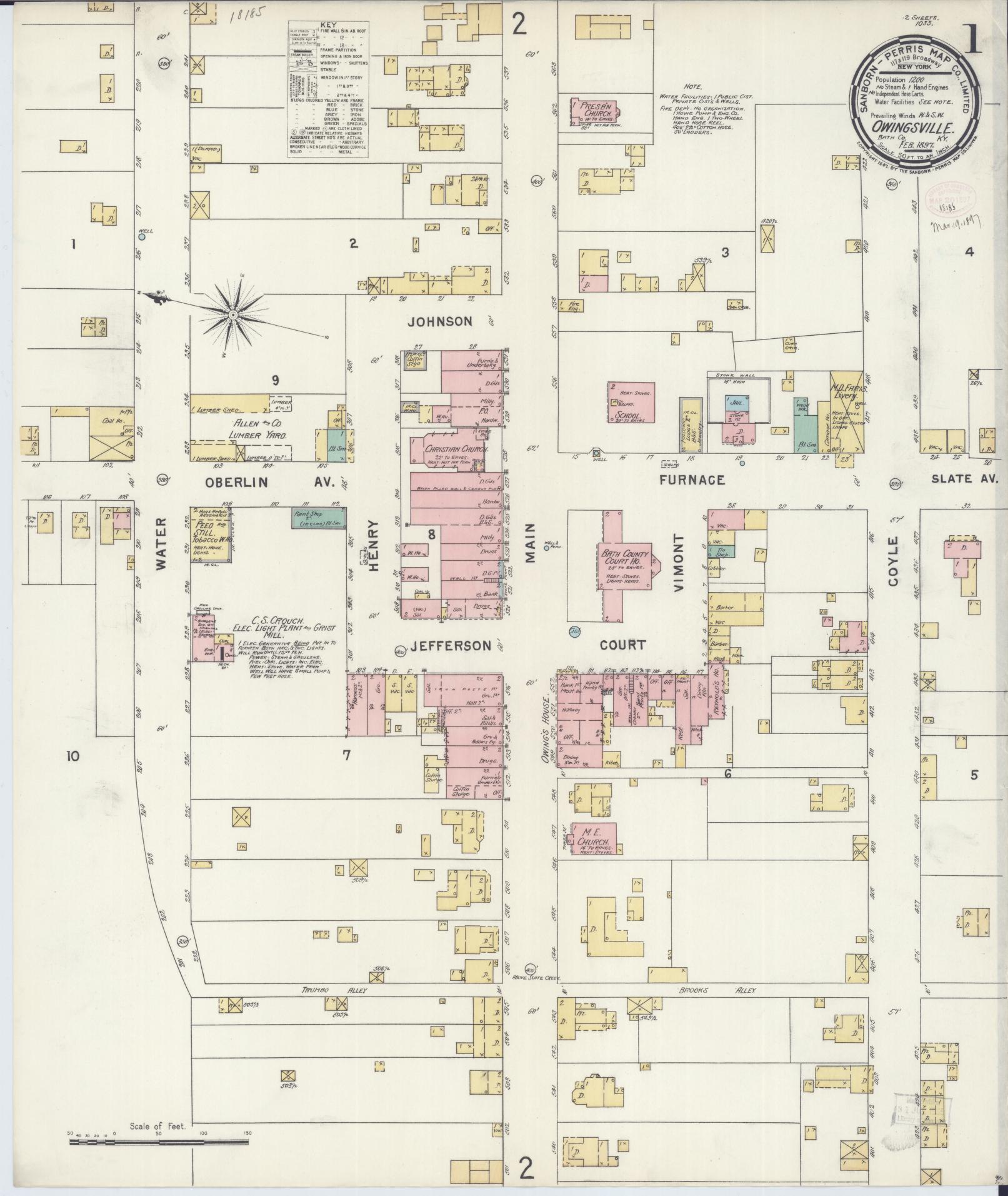 Sanborn Fire Insurance Map from Owingsville, Bath County, Kentucky (1897), Sheet #0001 - Historic Sanborn Fire Insurance Map Print, vintage old map wall art, antique decor, genealogy gift, Kentucky Kentucky map