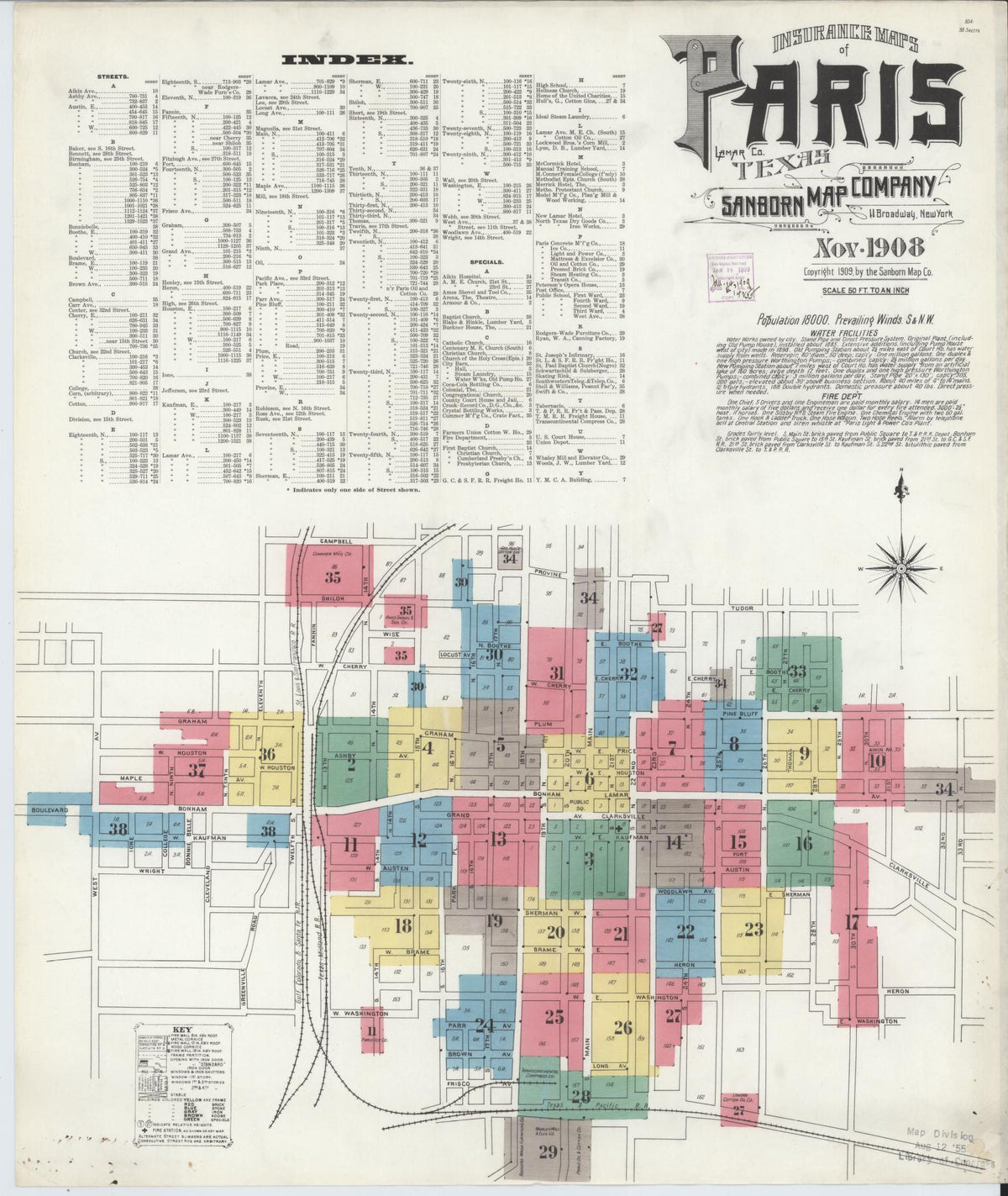 Sanborn Fire Insurance Map from Paris, Lamar County, Texas (1908), Sheet #0001 - Historic Sanborn Fire Insurance Map Print, vintage old map wall art, antique decor, genealogy gift, Texas Texas map