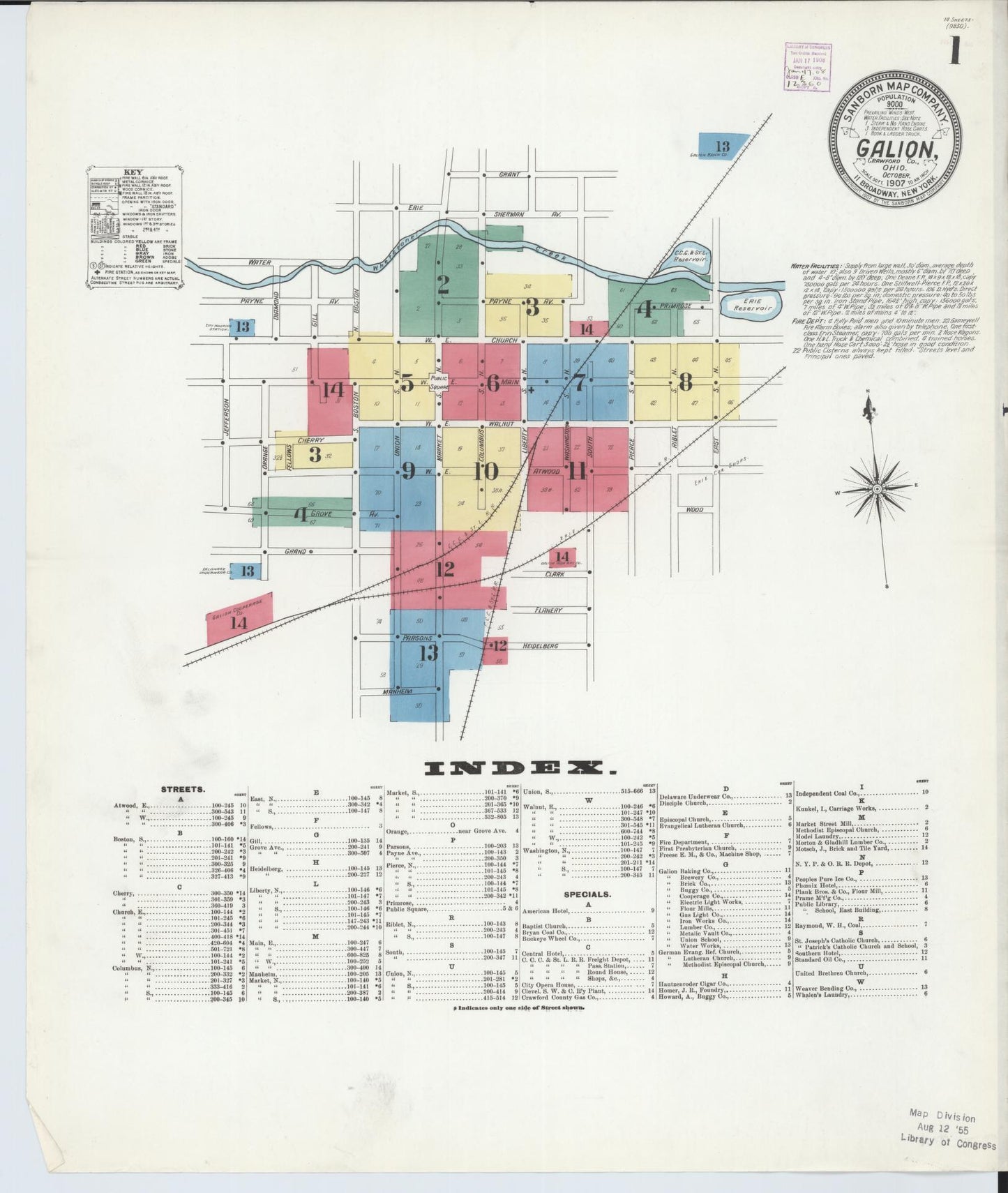 Sanborn Fire Insurance Map from Galion, Crawford County, Ohio (1907), Sheet #0001 - Historic Sanborn Fire Insurance Map Print, vintage old map wall art, antique decor, genealogy gift, Ohio Ohio map