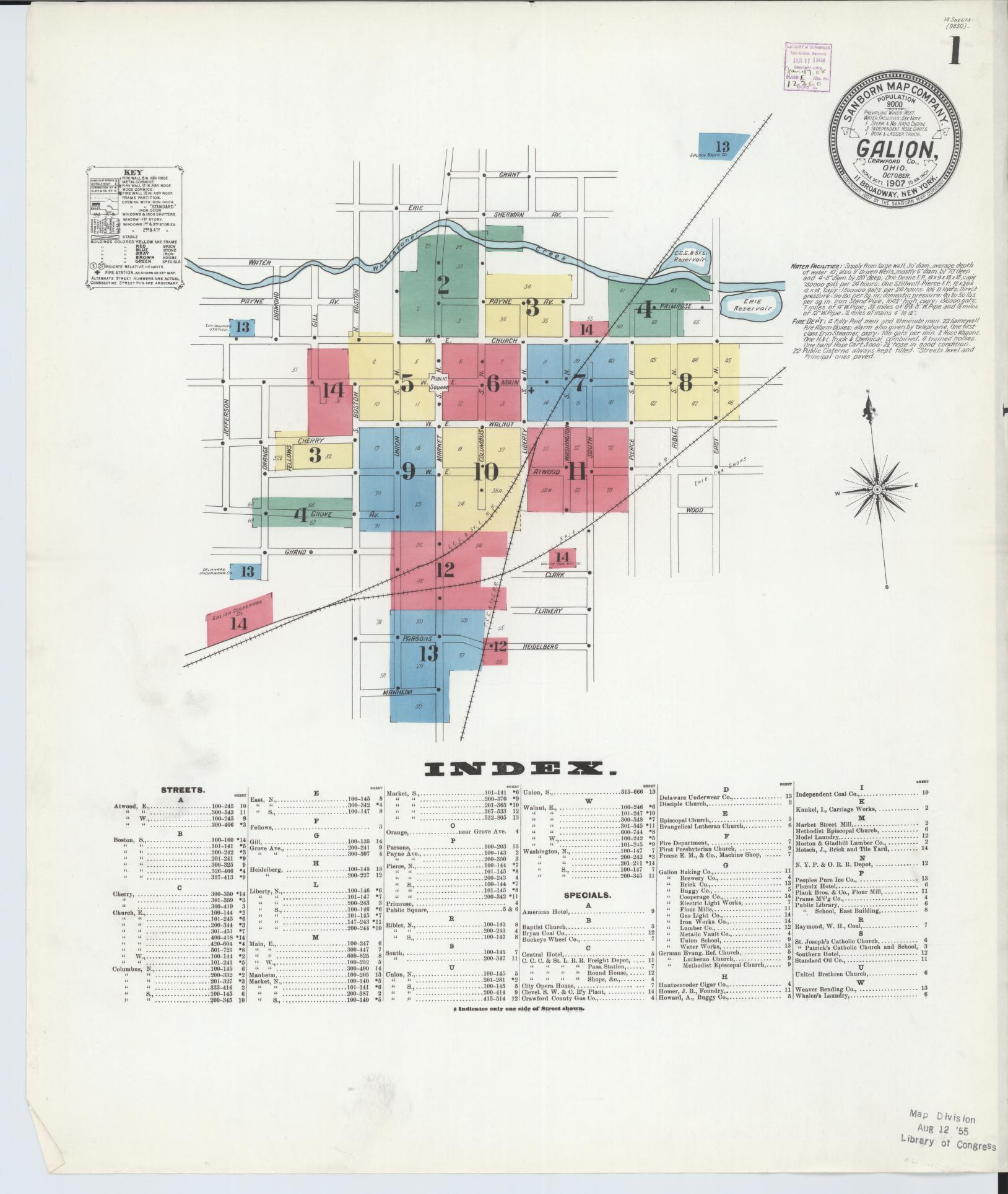 Sanborn Fire Insurance Map from Galion, Crawford County, Ohio (1907), Sheet #0001 - Historic Sanborn Fire Insurance Map Print, vintage old map wall art, antique decor, genealogy gift, Ohio Ohio map