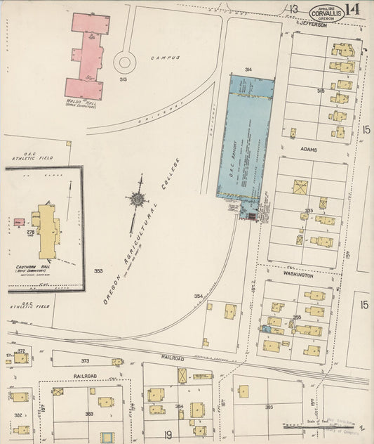 Sanborn Fire Insurance Map from Corvallis, Benton County, Oregon (1912), Sheet #0014 - Historic Sanborn Fire Insurance Map Print, vintage old map wall art, antique decor, genealogy gift, Oregon Oregon map
