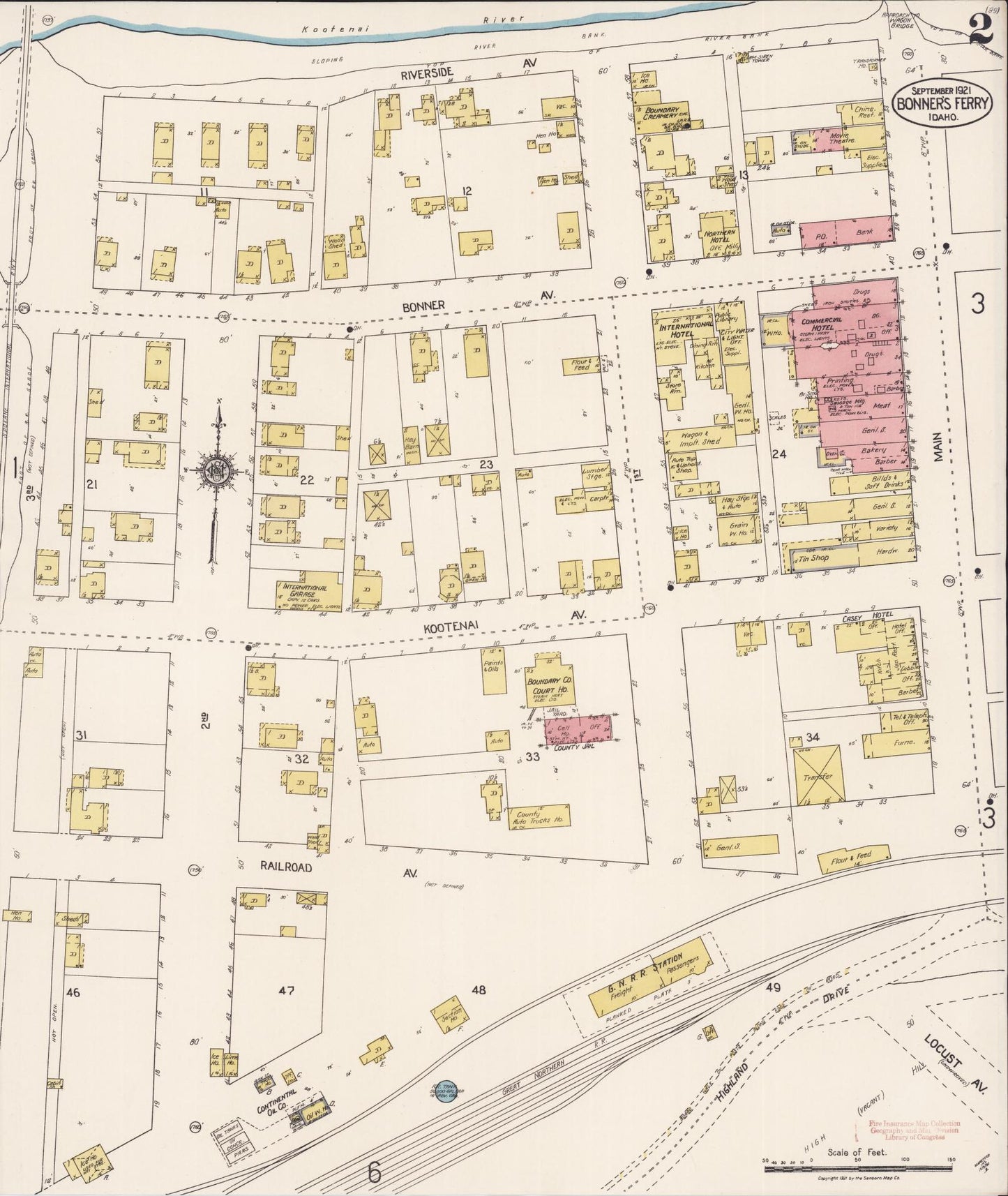 Sanborn Fire Insurance Map from Bonners Ferry, Boundary County, Idaho (1921), Sheet #0002 - Complete Map Set gallery image, historic Sanborn map, vintage wall art, Idaho Idaho