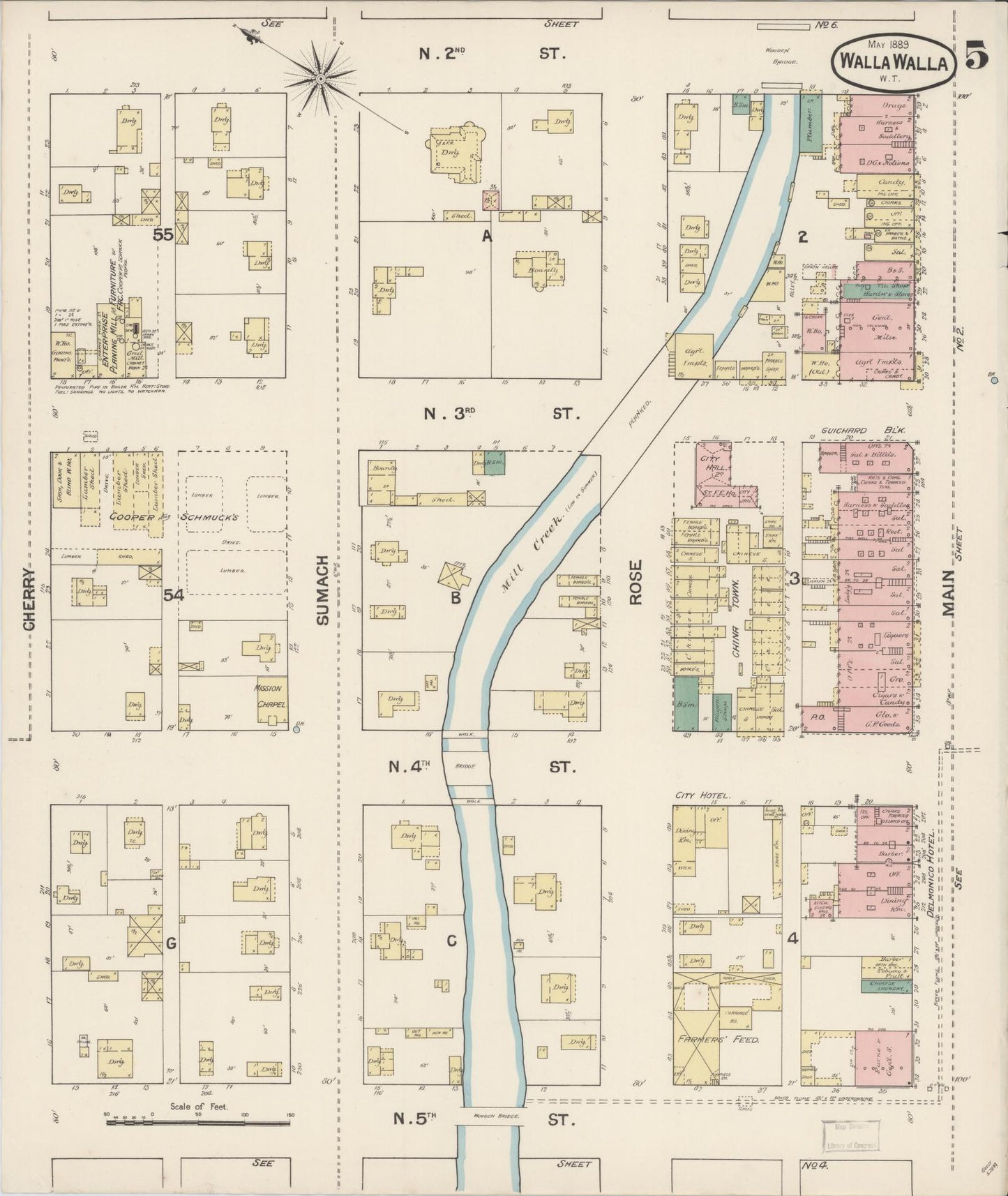 Sanborn Fire Insurance Map from Walla Walla, Walla Walla County, Washington (1889), Sheet #0005 - Complete Map Set gallery image, historic Sanborn map, vintage wall art, Washington Washington