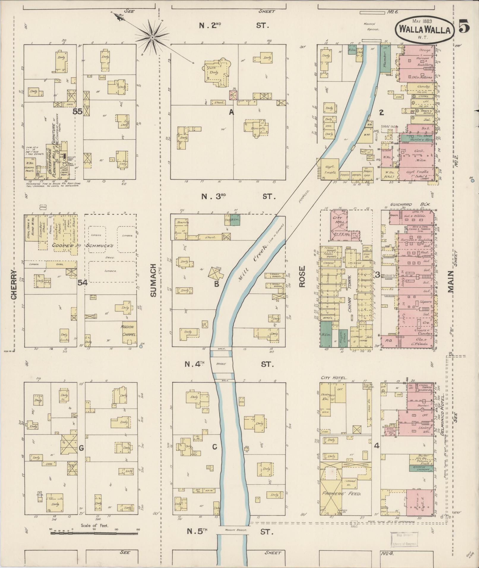 Sanborn Fire Insurance Map from Walla Walla, Walla Walla County, Washington (1889), Sheet #0005 - Complete Map Set gallery image, historic Sanborn map, vintage wall art, Washington Washington